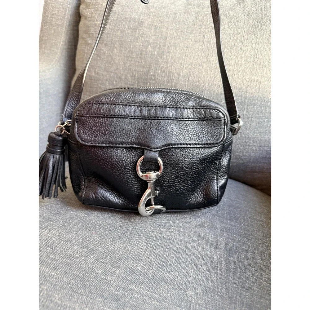 Rebecca Minkoff Black Leather Crossbody Bag Pebbled Small Tassel Zipper Closure